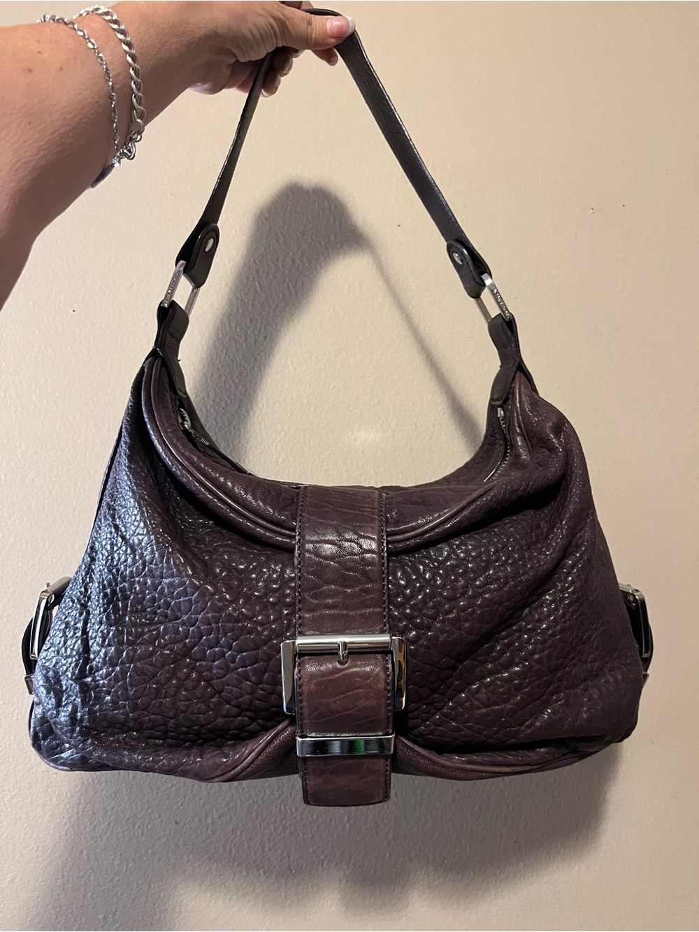 Michael Kors Heidi Collection. Tumbled Pebbled Lamb leather. Lg Aubergine Plum